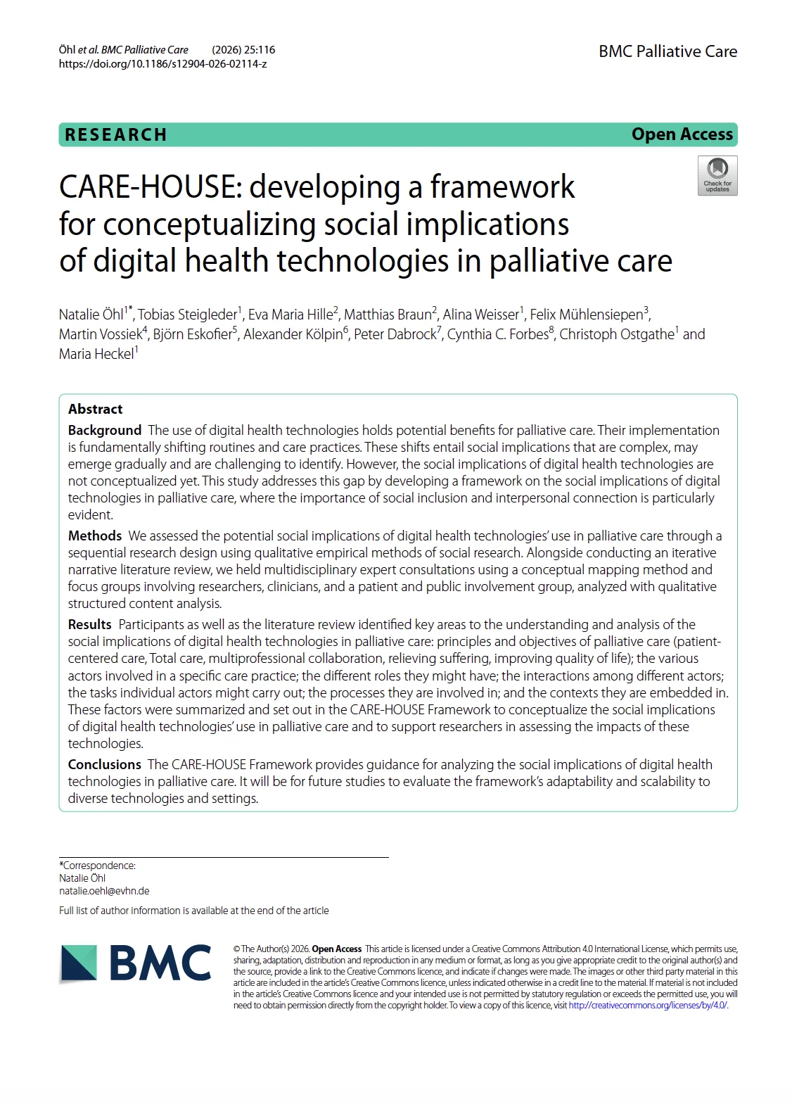 CARE-HOUSE: Developing a framework for conceptualizing social implications of digital health technologies in palliative care