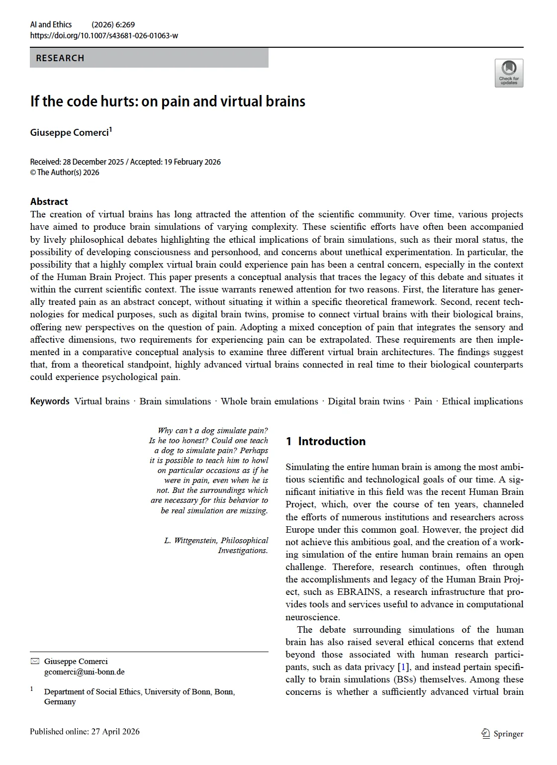 If the code hurts: on pain and virtual brains