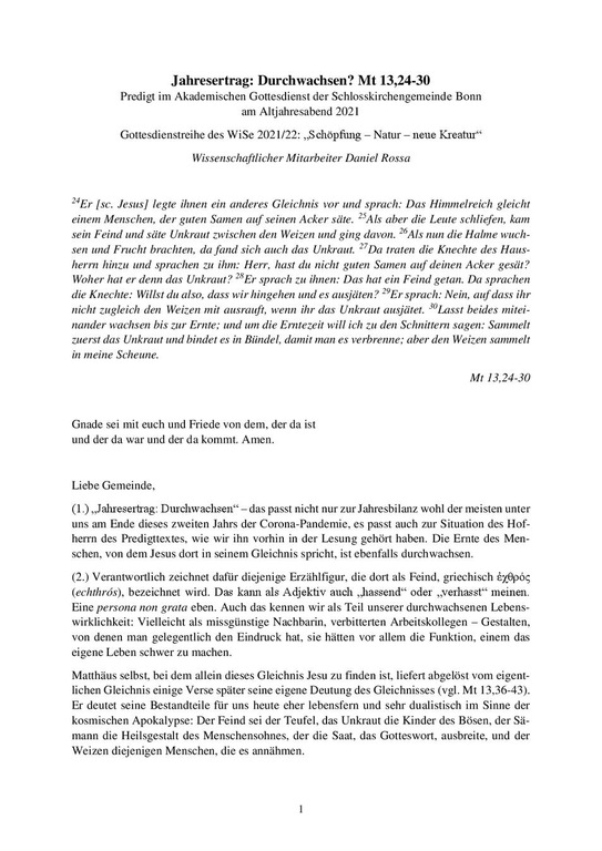 Rossa- Predigt Altjahresabend 2021