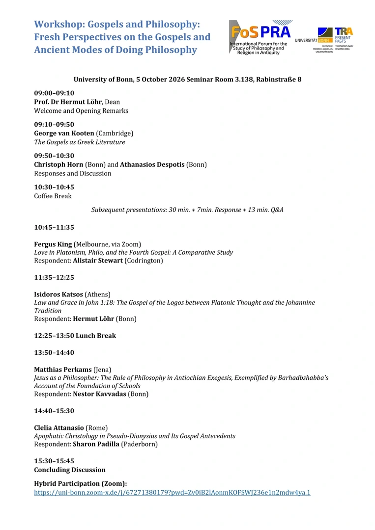 Workshop: Gospels and Philosophy: Fresh Perspectives on the Gospels and Ancient Modes of Doing Philosophy